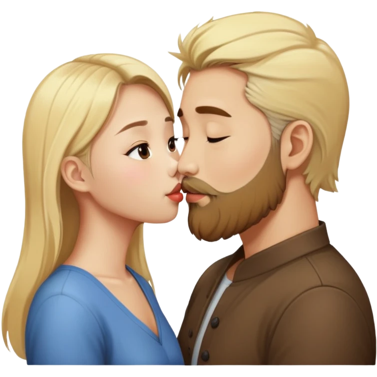 Asian girl kissing a man with blonde hair and brown beard emoji