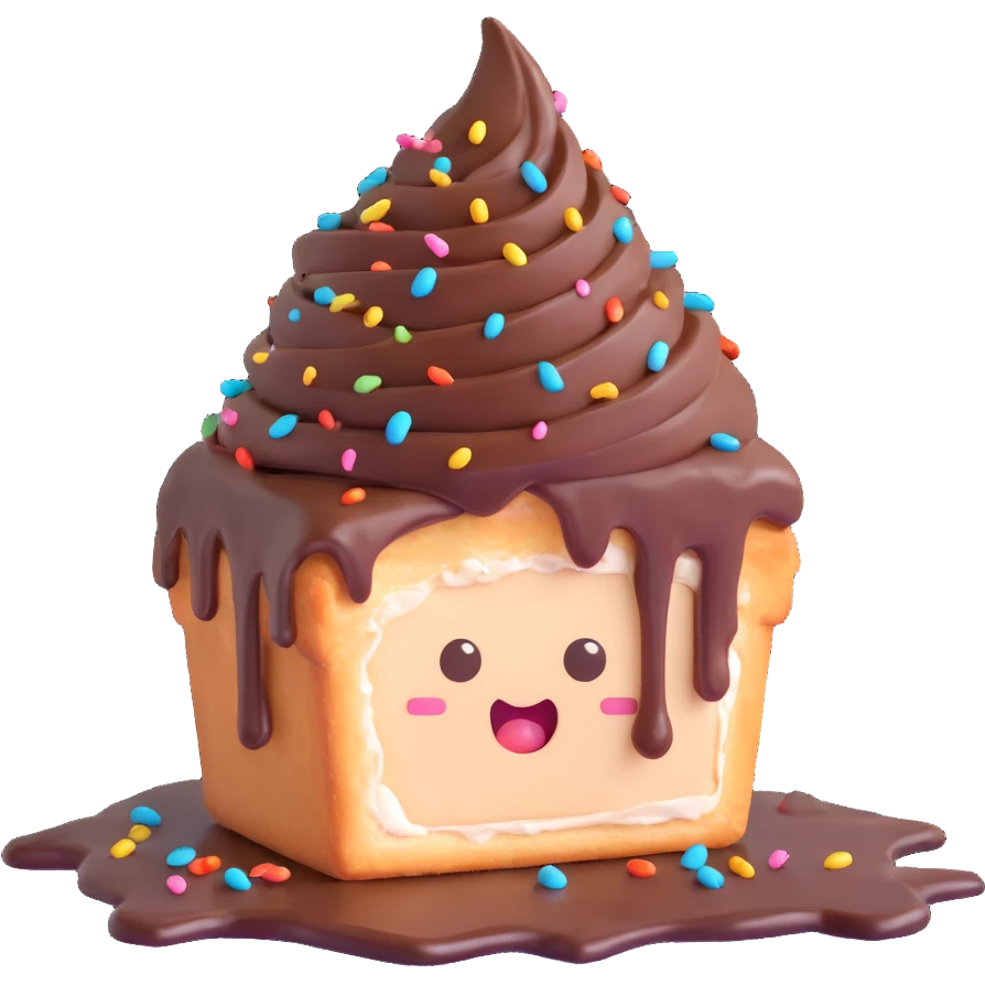 Rectangular chocolate mini pastry, messy chocolate dripping, sprinkles flying, surprised eyes, open mouth, text above: "ПАСТИЧКА", chibi style, Twitch emoji style, transparent background, colorful
 emoji