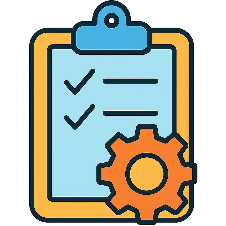 Work order clipboard with gear symbol and checklist emoji