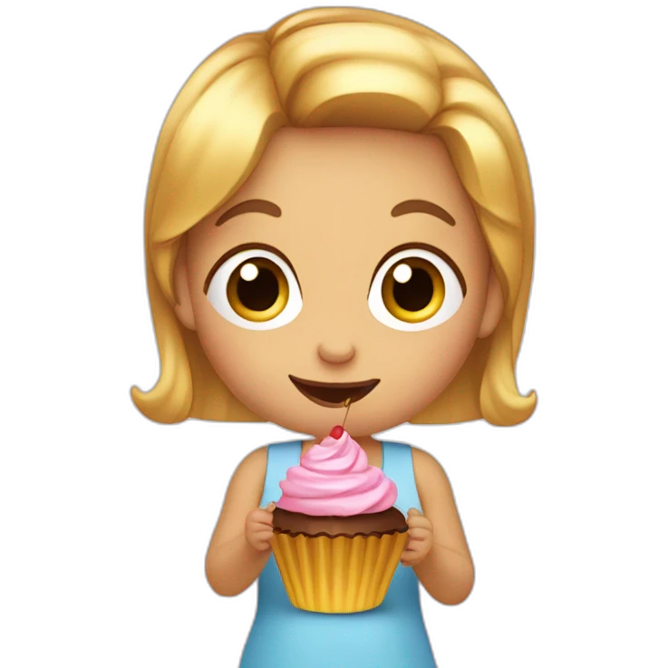 4-years old girl with golden straight hair eats cupcake emoji