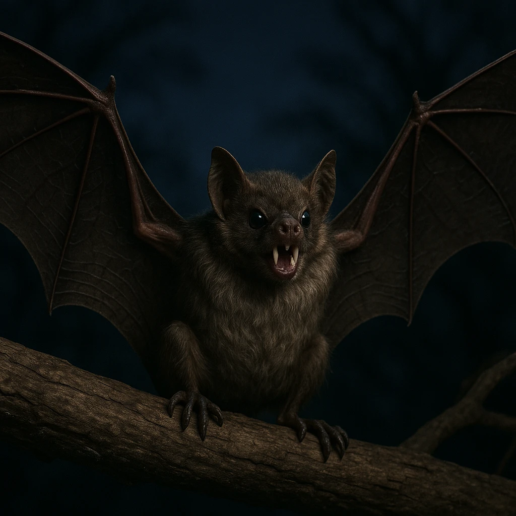 a realistic vampire bat, wings outstretched, baring two fangs emoji