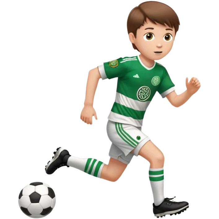 Celtic footballer jersey logo  6 years old brown hair white boy , brown eyes , stripes uniform , RUNNING  with soccer ball # 17 celtic football logo PUT ONLY ONE LOGO ONE CELTIC LOGO ONLY white shorts emoji