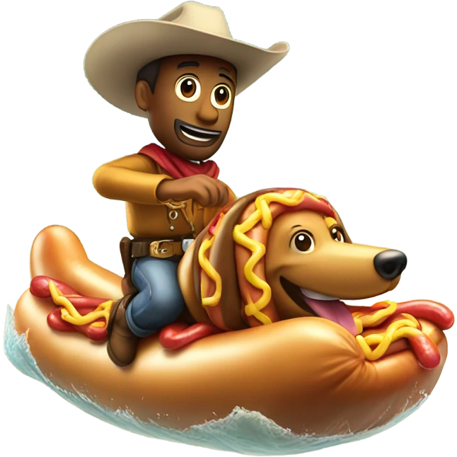 Cowboy riding a hotdog and beach in ocean  emoji