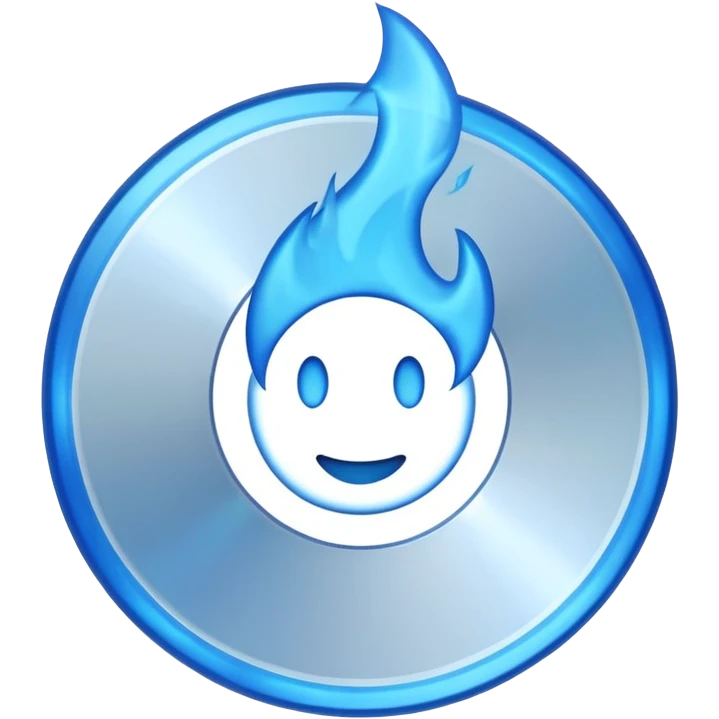 A minimalist CD disc with a subtle blue fire design, emoji style, blue fire, variation 2. emoji