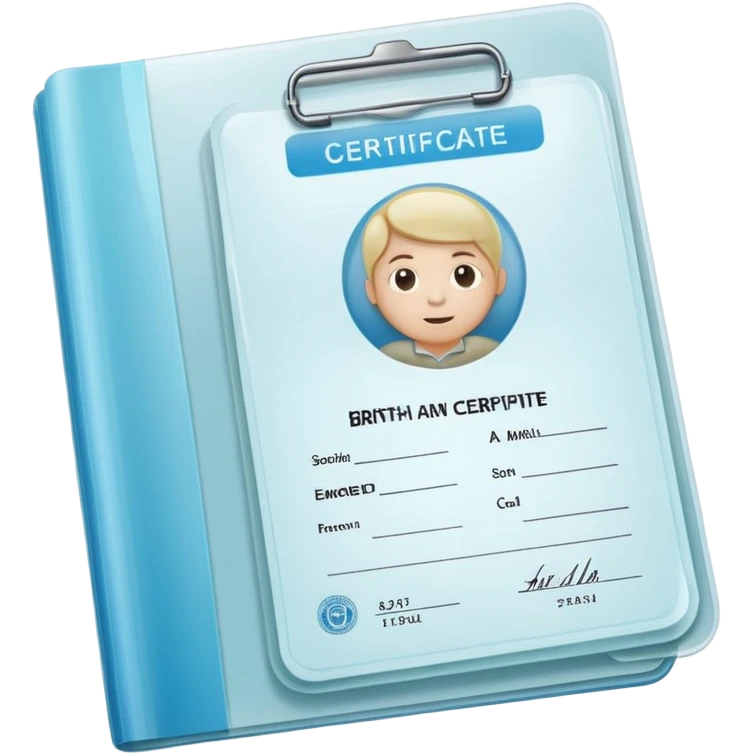 A simple emoji-style icon of a transparent plastic folder, clean and minimal, with rounded corners, subtle translucency, soft shading, and a small official documents symbol representing birth certificate, and SS. emoji