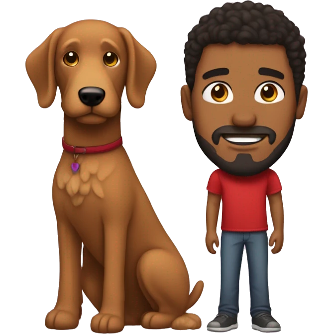 Brown man with straight hair and a red goldendoodle emoji