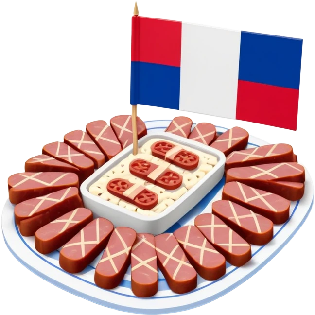 French flag on tooth pick on top of a SPAM charcuterieplatter emoji