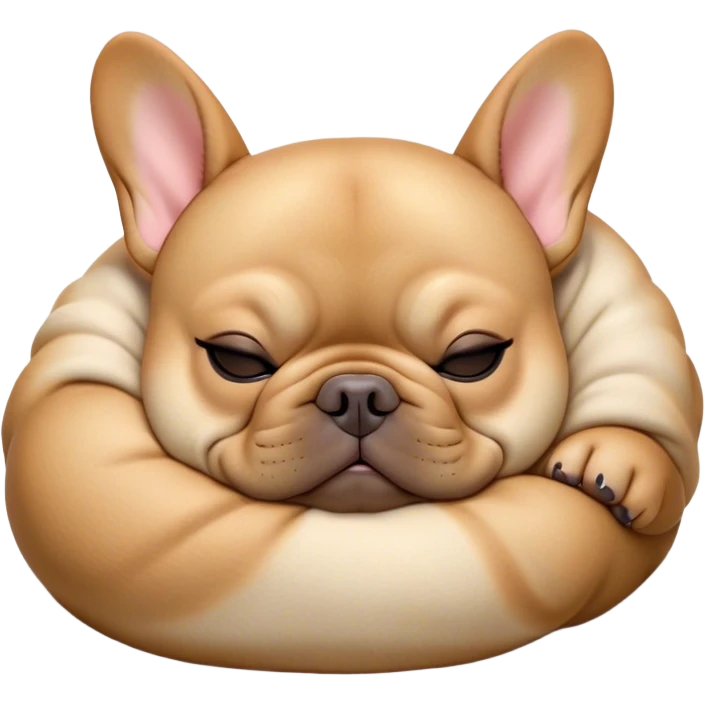 Cinematic Meme-Worthy Chubby Sleeping Fawn French Bulldog Portrait Emoji, Head resting peacefully with a contented smile, showcasing a delightfully chubby build and a luxuriously soft fawn coat, eyes shut in a serene nap, Simplified yet hilariously adorable features, highly detailed, glowing with a soft, drowsy light, high shine, relaxed and utterly lovable, stylized with an air of playful laziness, bright and heartwarming, soft glowing outline, capturing the essence of a comically sleepy companion, so meme-worthy it feels like it could instantly become the next viral sensation of adorable slumber! emoji