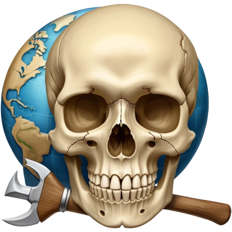An icon featuring a human skull and fossilized bones, symbolizing the study of anthropology. The design includes archaeological tools like a pickaxe and brush, with a background of ancient artifacts and a globe. Transparent background emphasizes the exploration of human history and evolution. emoji
