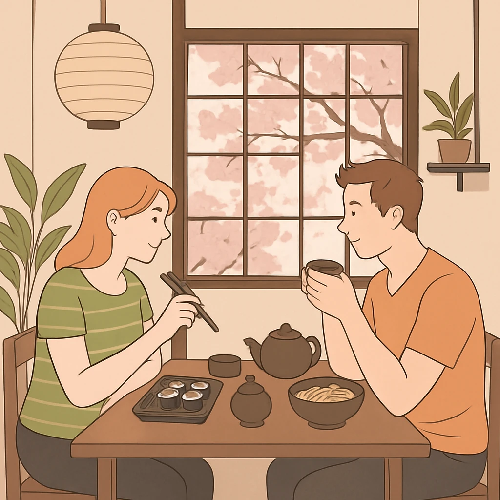 A man and woman sitting across from each other at a small wooden table in a cozy Japanese cafe. They are enjoying traditional Japanese food and tea. The cafe has minimalist decor with paper lanterns, plants, and a view of cherry blossoms outside the window. emoji