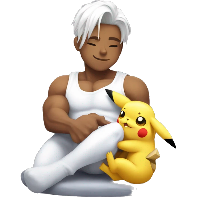 Pikachu cuddling in white bodybuilder lap emoji
