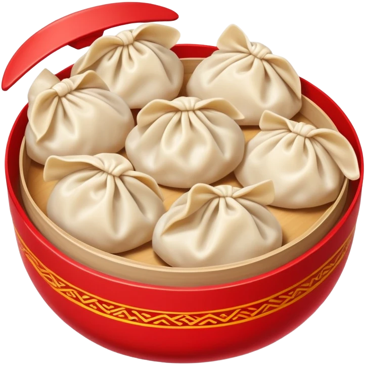 Chinese New Year dumplings Jiaozi with red background elements, simplified emoji style with bold outlines and bright colors, cartoon style festive food emoji