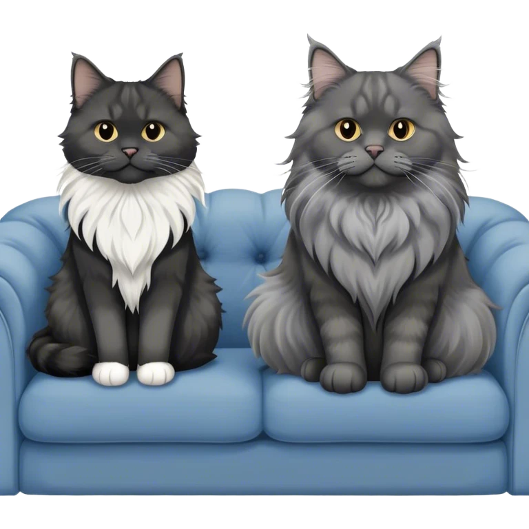 A large black smoke Maine Coon cat with long grey ear tufts and a fluffy grey ruff, sitting next to a chubby British Shorthair cat in blue color with plush fur, both sitting comfortably on a sofa. Beautiful room background with flowers and soft lighting. Transparent background. emoji