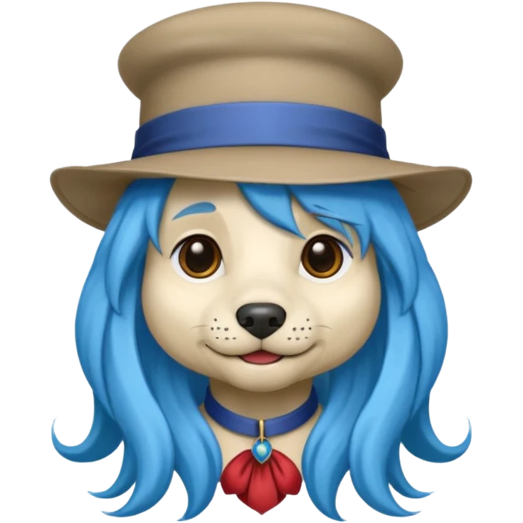 fancy dog with long blue hair, wearing hat emoji