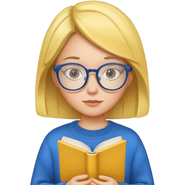 a girl with glasses wearing blue sweater reading a yellow cover book emoji