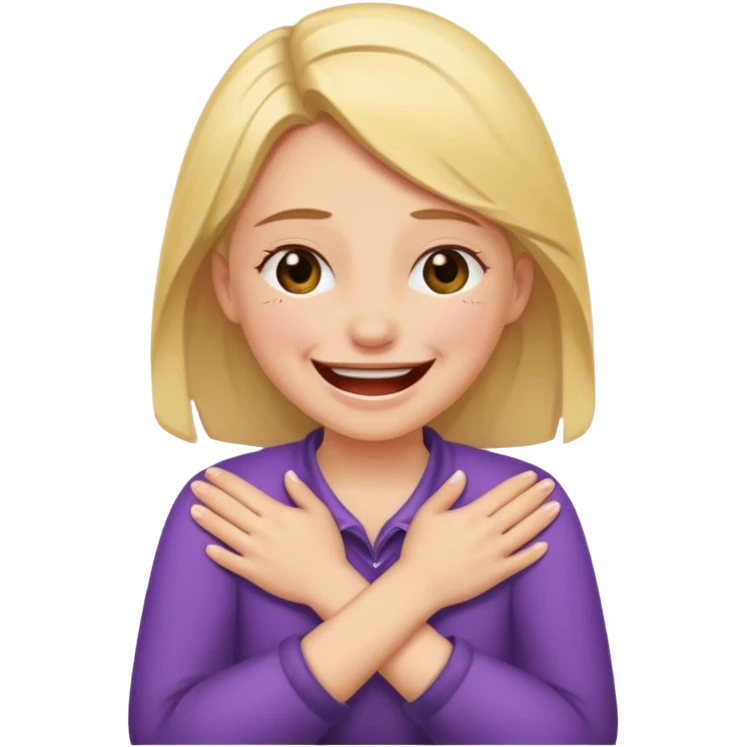 Girl laughing and crying with crossed hands holding neck emoji