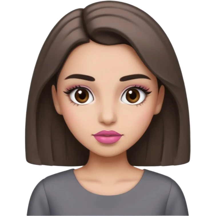 Hidjab girl that is wearing gray dress, and her brow is thick so her eyelash is tall and rumol is pink emoji