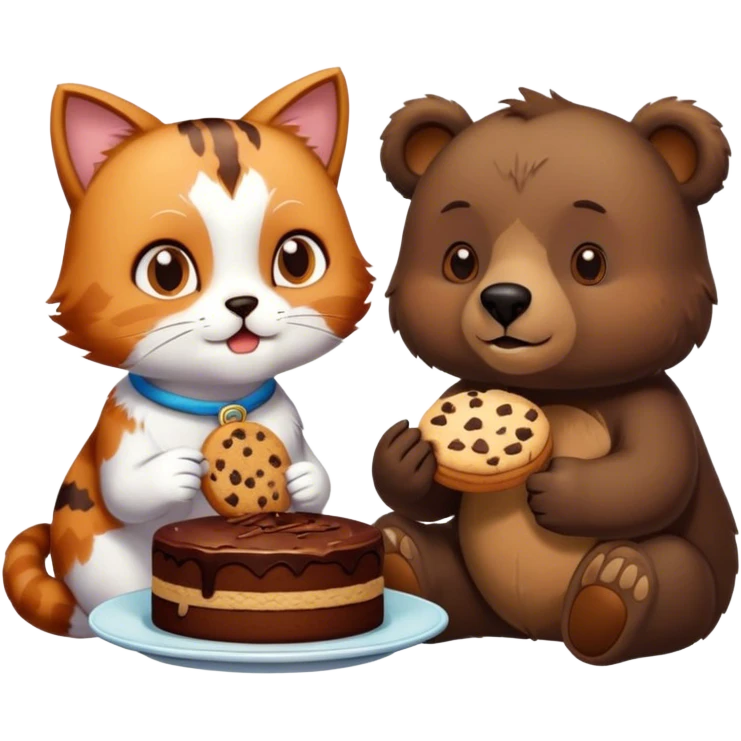 Cat eating a cookie next to a bear that eats a cake emoji