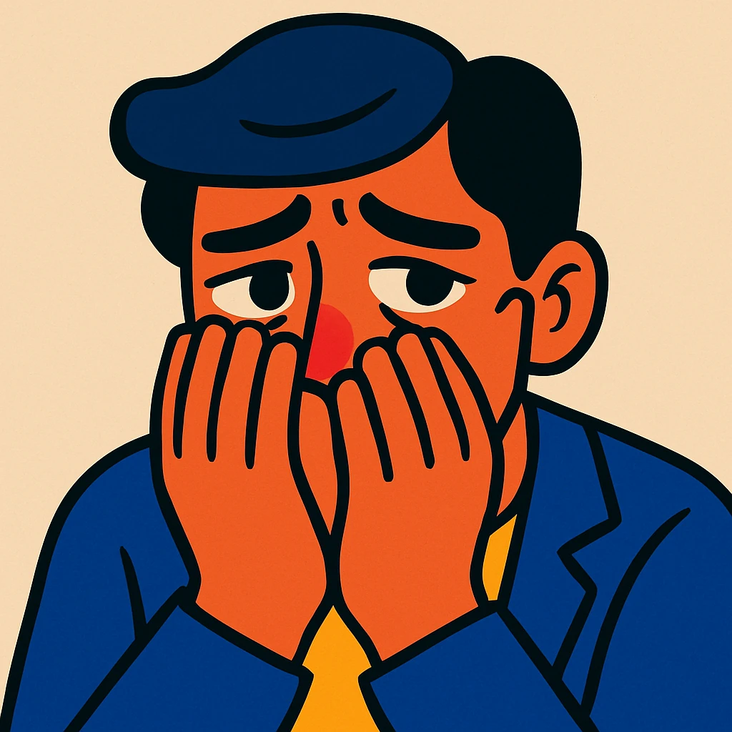 a person hiding their sadness, subtle facial expression, hands partially covering face, neutral background, expressive eyes, modern illustration style emoji