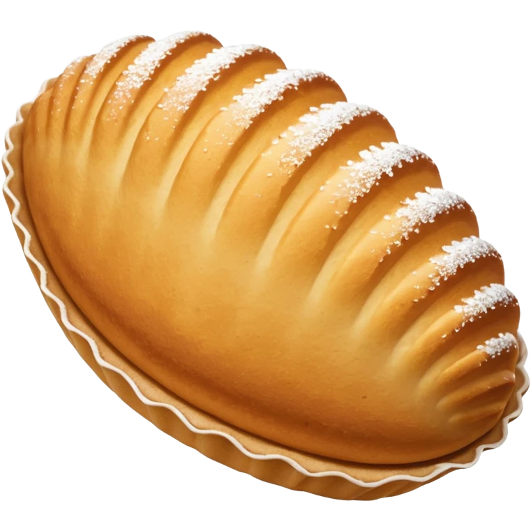 A madeleine pastry. Oval shaped with four to five vertical lines going in the same direction. Scalloped seashell shape. Light golden brown. Scalloped edge. Cookie. Flat. emoji