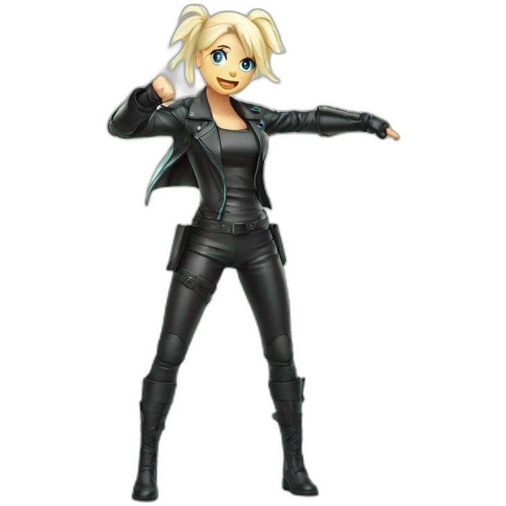 1 girl, leather suit, latex legwear, leather skirt, platinum blonde hair, ponytail, smirk, aqua eyes, leather boots Victory pose, Fighting stance emoji