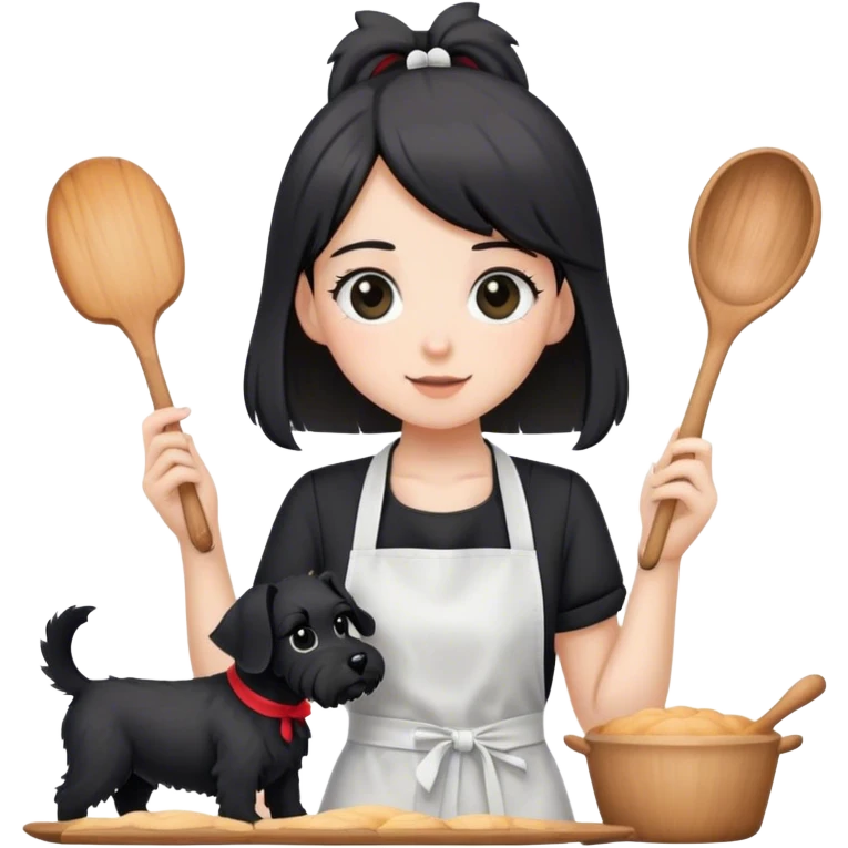 pale girl with long back hair wearing black long shirt wearing apron and baking holding black floppy ear schnauzer emoji