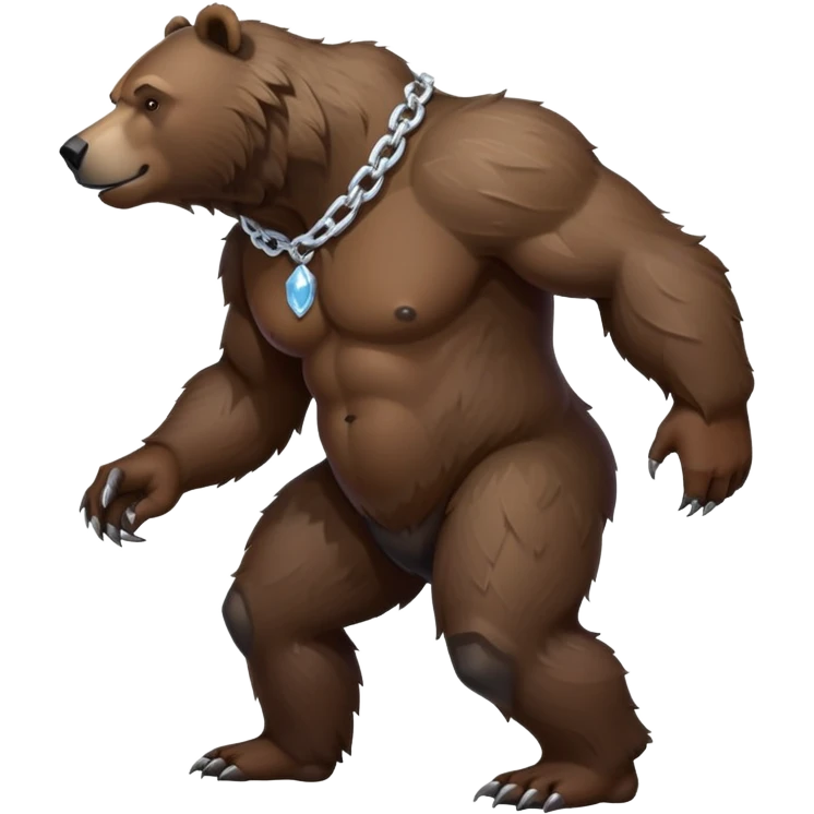 Side profile of a dark grizzly bear showing full body length, on four legs with muscular build, realistic features, ice chain collar emoji
