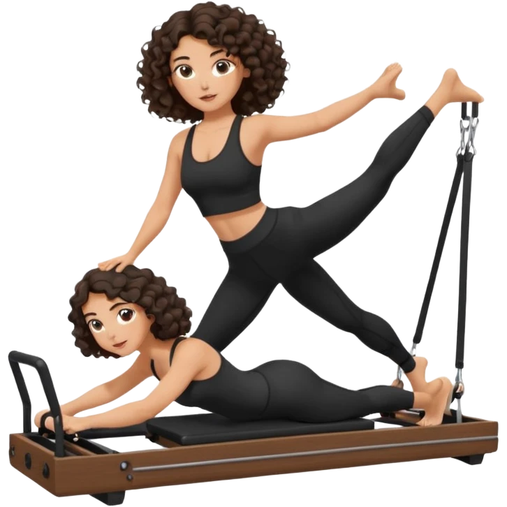 brunette,curly hair shoulder lenght,turkish,beautiful,with some eyelined eyes, 3b girl doing reformer pilates with black pilates cutesy set,on reformer machine,making different moves. emoji