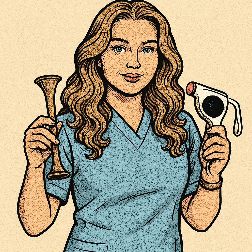 Portrait of a girl matching the appearance and clothing from the last photo, holding an obstetric stethoscope in her hands. Pose and style as in the second example (old-school comic book style) with thin clean contours, soft rounded shapes, detailed shadows and highlights, soft lighting, minimalist background without decoration. emoji