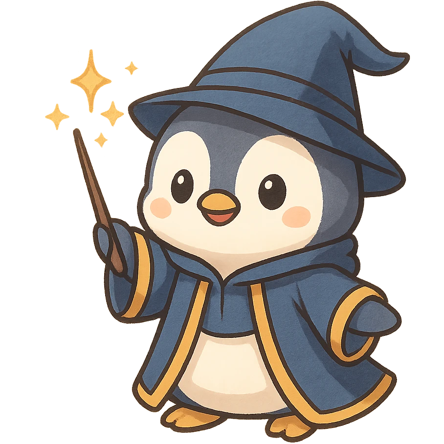 a cute penguin wizard casting a spell, wearing a robe and holding a wand, magical sparkles around emoji