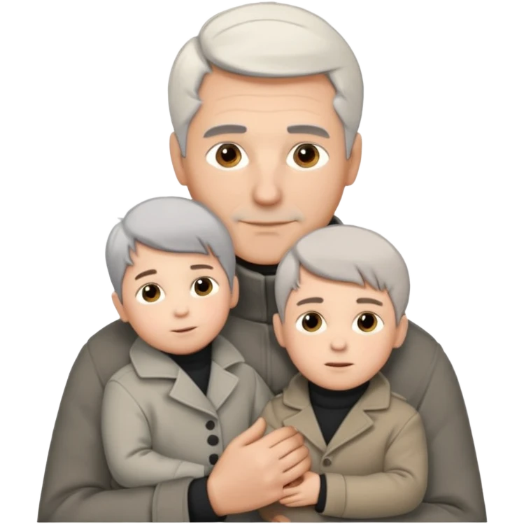 A father with silver-grey hair styled neatly and a clean-shaven face, wearing a dark turtleneck and wool coat, holding his child gently. The child has light brown hair and a soft white jacket. Warm cinematic lighting, emotional close-up. emoji