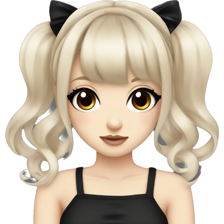 hime gyaru girl, tattoos, pale skin with brown eyes and black hair with bangs, dark makeup, black shirt emoji