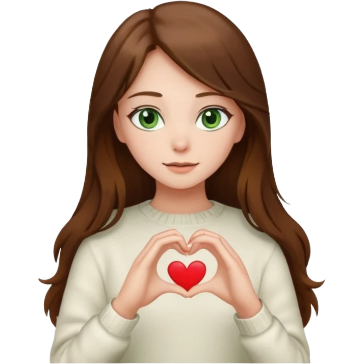 Girl green eyes brown long hair white warm sweater doing hands heart emoji