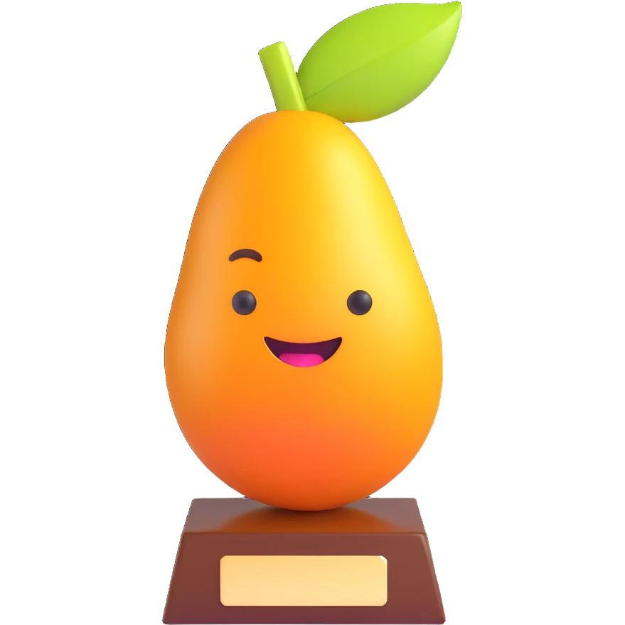 a playful and bright trophy shaped like a mango emoji
