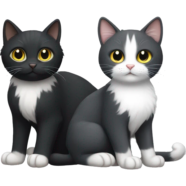 black cat with white chest hair and white paws next to a gray cat with white chest hair and white paws emoji