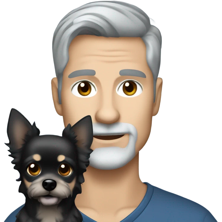 Handsome man with gray goatee and gray hair and blue eyes holding all black long haired chihuahua emoji