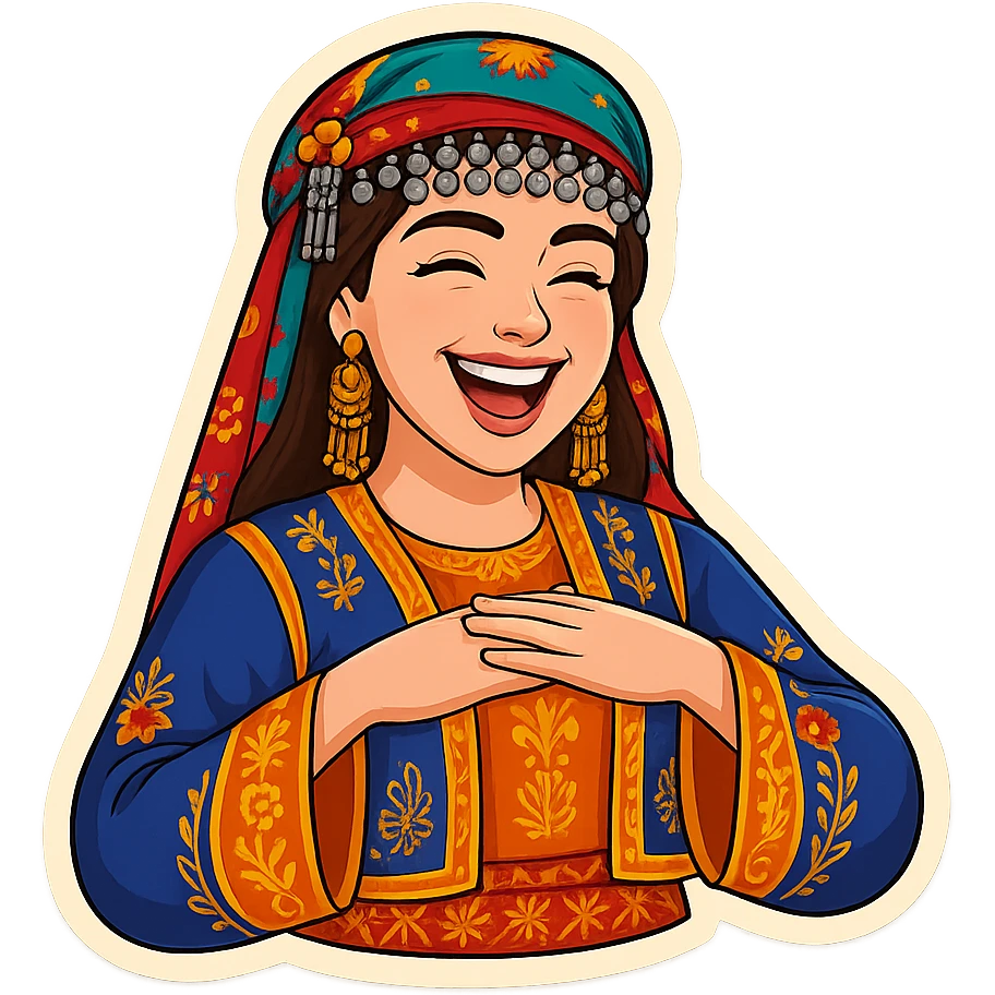 Kurdish cartoon sticker of the same woman in the new dress, laughing with a big smile, eyes closed, joyful expression, no text, transparent background emoji