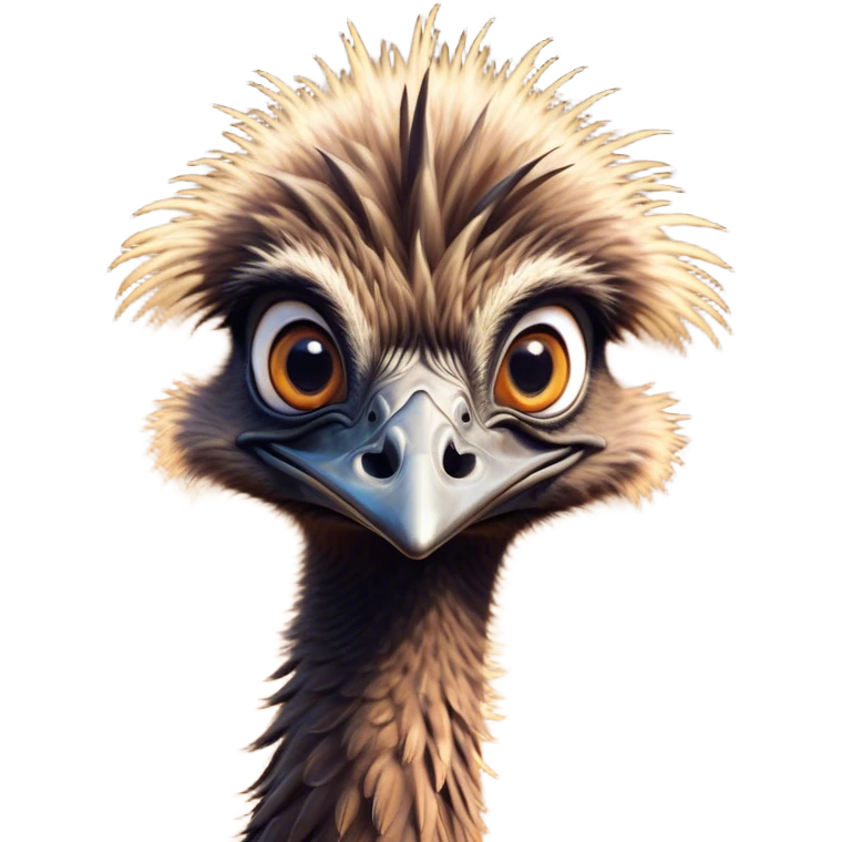 Cinematic Comical Emu Portrait Emoji, Head tilted dramatically with an exaggeratedly amused expression, featuring a striking, textured brown plumage with a comically small head and wide, expressive eyes full of playful disbelief, Simplified yet hilariously expressive features, highly detailed, glowing with a slightly sassy glow, high shine, dramatic yet playful, stylized with an air of cheeky outback mischief, bright and endearing, soft glowing outline, capturing the essence of a spirited and over‐the‐top emu, so meme‐worthy it feels like it could squawk its way into internet fame instantly! emoji