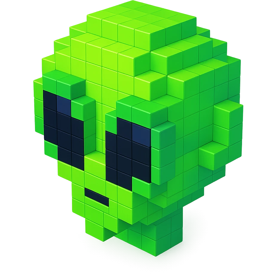 green alien with big black eyes and a small mouth, isometric view emoji