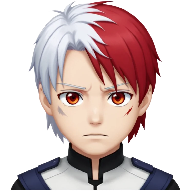 Shoto Todoroki face only, left side white hair, right side red hair, heterochromatic eyes, burn scar on left side of face, serious expression emoji