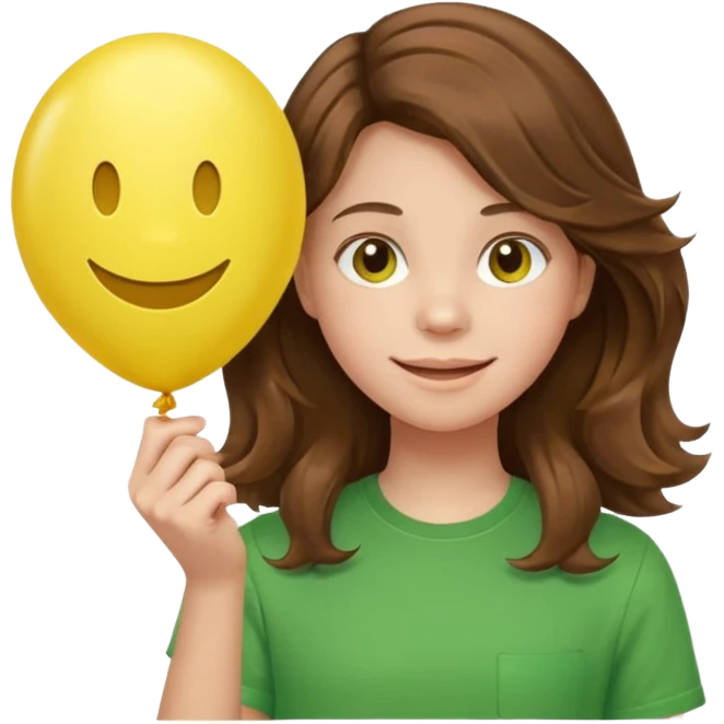 Teen girl wavy brown hair, green shirt, with smiley-face balloon emoji