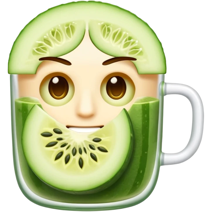 A face emoji with slices off cucumbers in his eyes and drinking a cup of Matcha emoji