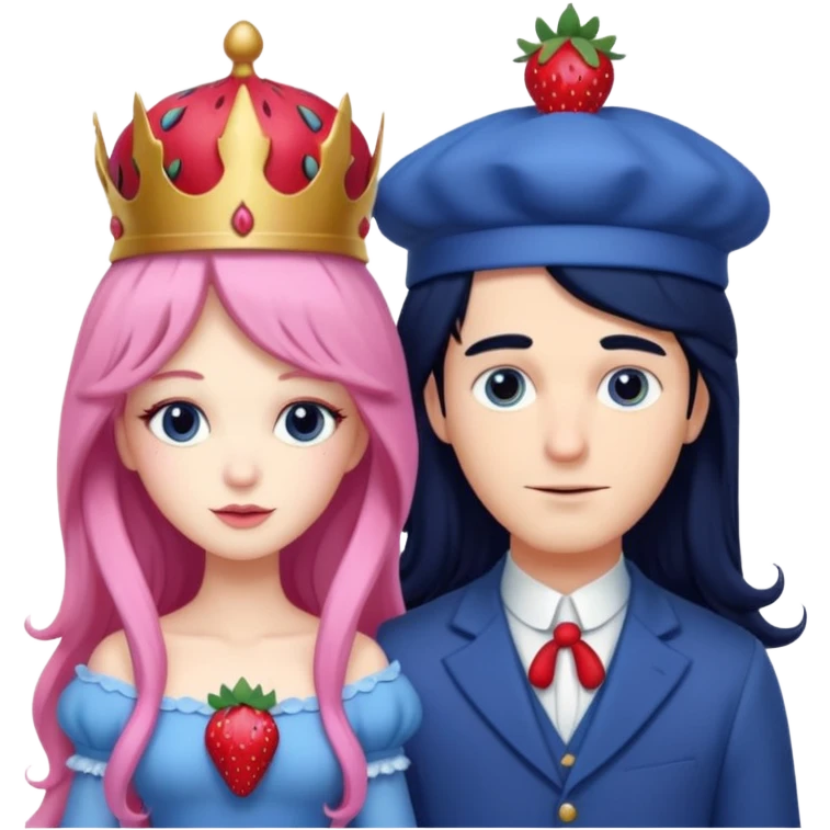 pale blueberry prince man. Handsome with long black hair blueberry hat and clothes next to pale strawberry princess woman with strawberry hat eyelashes long pink hair and strawberry dress emoji