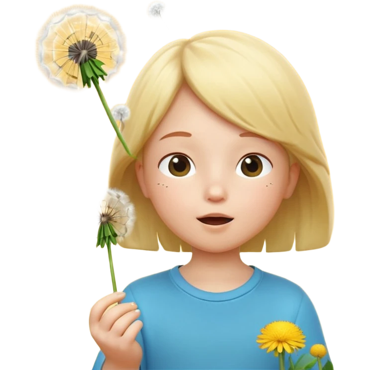 A 3D cartoon child blowing on a dandelion, seeds flying in the air, sunny garden background, realistic Memoji-style. emoji