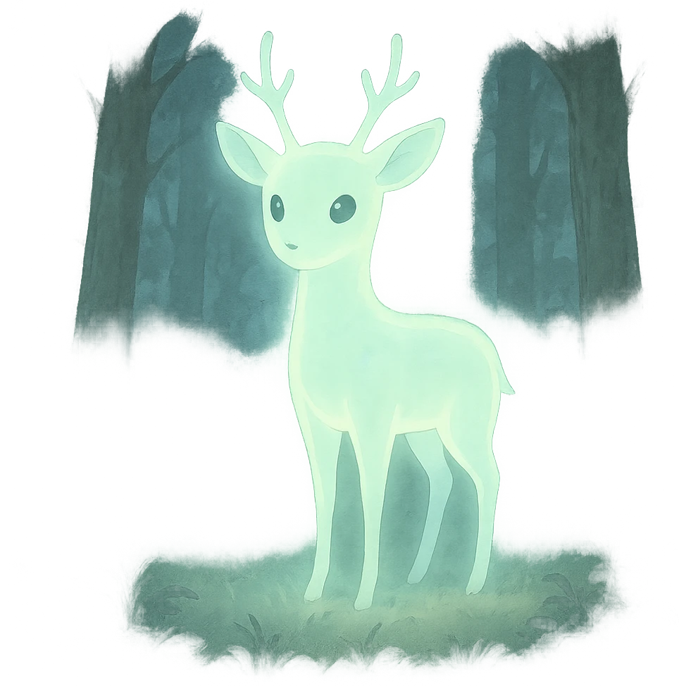 glowing animal-like forest spirit in a misty woodland, ethereal and gentle, ghibli style emoji