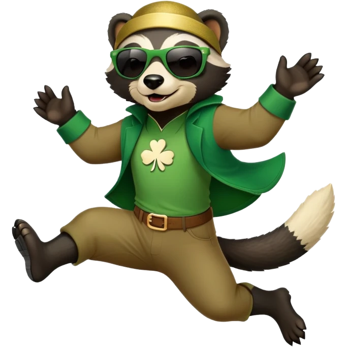 friendly anthropomorphised honey badger in a casual green-themed outfit with St. Patrick's Day accessories, wearing sunglasses, jumping, no beer emoji
