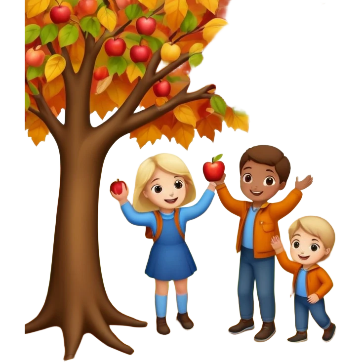 kids picking apples from a tree in autumn, colorful fall leaves, cheerful expressions emoji
