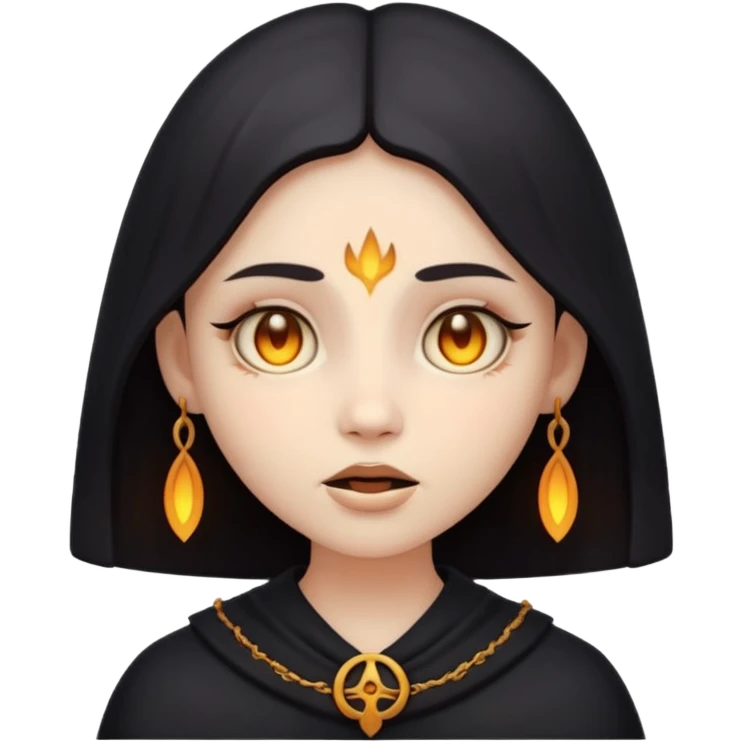 Stylized cult cartoon girl emoji, eerie-cute aesthetic, symmetrical design, subtle spooky vibe, glowing eyes, chanting “AMILK”, bold graphic icon emoji
