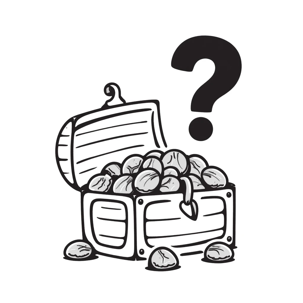 sketch of a treasure chest with a big question mark, hand-drawn emoji