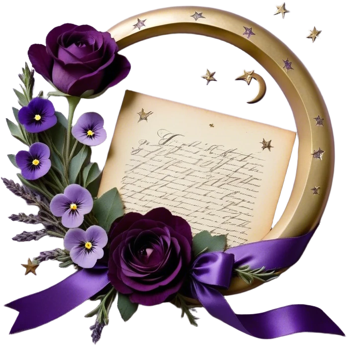 Beneath the soft light of a silver crescent moon, a bundle of handwritten letters lies wrapped in a velvety plum ribbon, adorned with a delicate sprig of lavender and a scattering of bruised violet pansies. A faded mauve rose and a deep purple peony, their petals gently curling at the edges, rest beside an ornate heart-shaped trinket, whispering tales of love lost and found. Golden stars twinkle faintly, reflecting off the wax-sealed envelopes, as if they, too, are enchanted by the lingering emotions woven into each word. emoji
